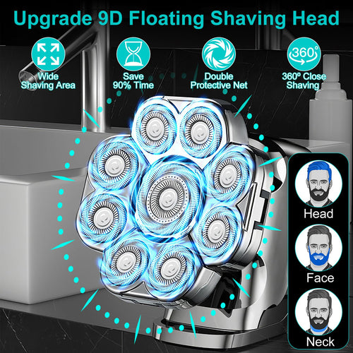 1Pc 6 In 1 9D Electric Head Shaver For Men Cordless Rechargeable Wet Dry Razor With LED Display Travel Lock Stall Protection Cleaning Reminder