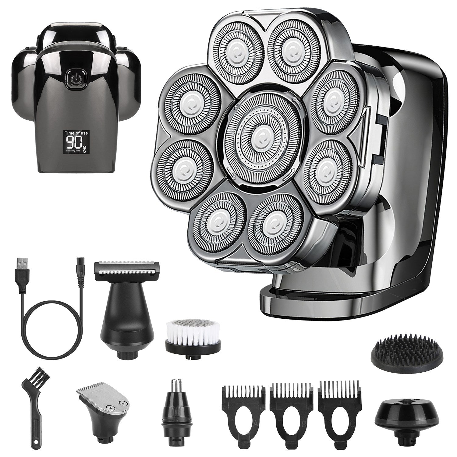 1Pc 6 In 1 9D Electric Head Shaver For Men Cordless Rechargeable Wet Dry Razor With LED Display Travel Lock Stall Protection Cleaning Reminder